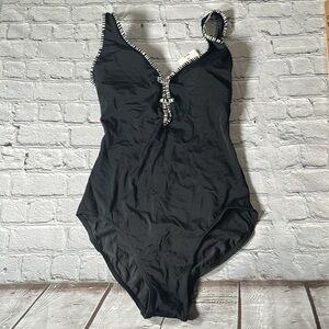 Sears Tropical Escape One Piece Plunge Black White Swimsuit size 10 NEW women’s